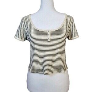 Atelier Medium Cropped T Shirt Ribbed Striped Short Sleeve Scalloped Scoop Neck